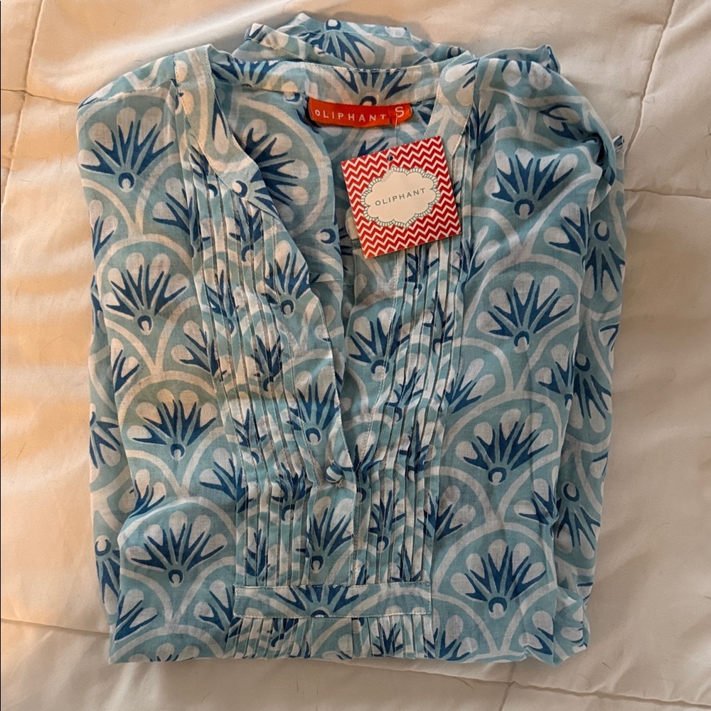 NWT Oliphant Teal and Navy Patterned Top